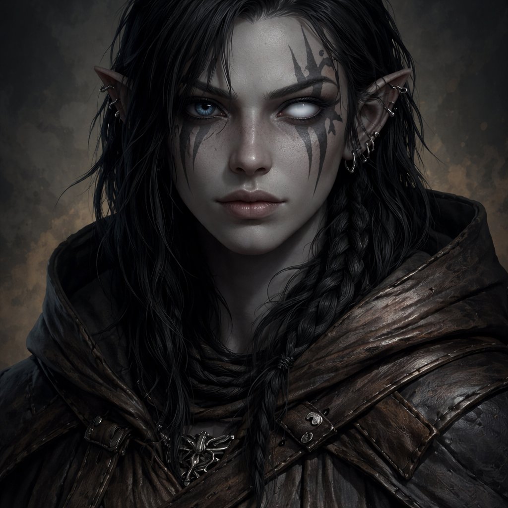 A female goliath from dnd with grey skin, the right eye is dark blue and the left is completely fogged over she is blind in the left eye. Her har is black and she is a rouge. She has two tattoos that start at a point under her eyes and goes up to her hair. She is 20 and wears a bit more clothes, she is probably wearing a cloak but the hood is not up and she looks androgynous