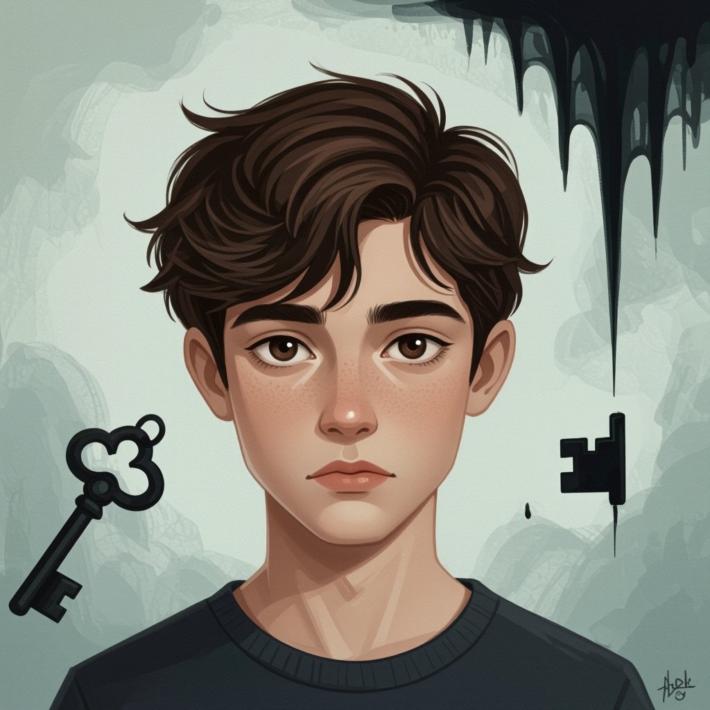 Mysterious teen boy with dark brown hair brown eyes and with a dark past