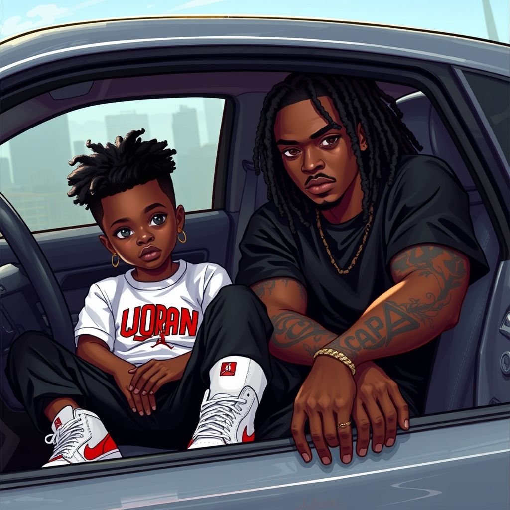 a young dark skin boy with a mini Afro with Jordan’s on and a white Jordan shirt with black pants he has dark brown eyes in the car next to a dark skin guy with a black T-shirt on his eyes at dark brown too and he has a tatto on his right arm and it says foa goin down his arm and he has little black dreads