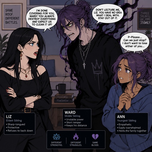 Three siblings, Female name Liz, oldest, tale, pale, beautiful, mysterious, black hair long curtain bangs style, bright blue eyes eyeliner liner, dark eye shadow, red lips, wearing jewelry, Anime style, Agent Ward male, middle child, made to be a weapon, highly skilled, emergency backup case he gets out of control, hair violet messy bun, clean shaven, night vision eyes no goggles, sharp teeth, dark power, tall, intimidating, he's used as an emergence backup weapon, Female Ann, youngest sibling, medium hight pale, tan, blue eyes, vivid purple dim hair in a messy bun her front hair is swooped down in her right side, all in the living room Liz and ward are angrily arguing wards power starts get a little out of control, Ann looking a little concerned tears in her eyes,Liz saying to ward that there parents would hate what ward is doing ward says there dead why does it matter I didn't choose to get these powers
