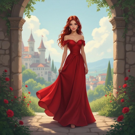 A rebellious but kind teen Princess in a red dress with dark red hair