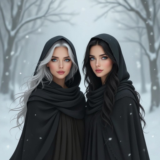 Older Mother and almost adult daughter with black hair and bleu eyes