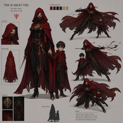 Female villian, child, red hood, mask,enhanced fighting, multiple of the same character