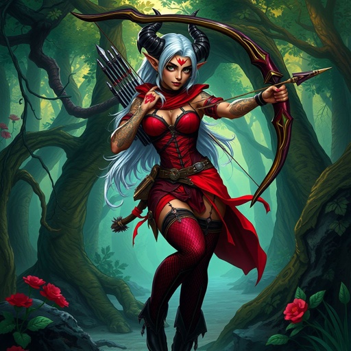 Dungeons and dragons female tiefling rogue. Silver hair, bronze skin, red clothing. Short nubby horns. Long bow. Thigh high boots. Green eyes