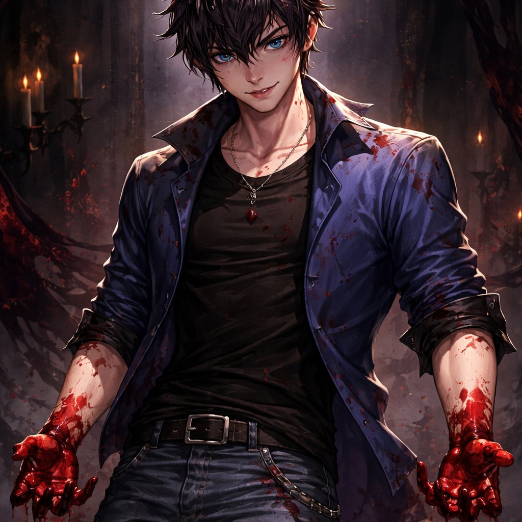 An 18 year old prince who has black hair with purple stripes and has blue eyes. He is wearing a blue shirt and jeans. He looks strong and confidant. His hands are covered in blood and he is smirking. He is wearing a golden crown.