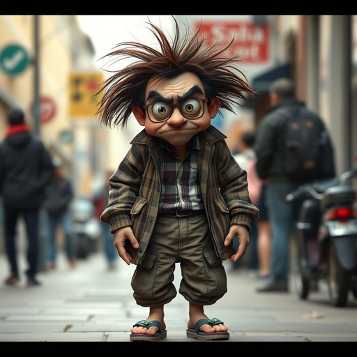 Create a funny looking paranoid man in the world, with a not so stylish outfit head to toe