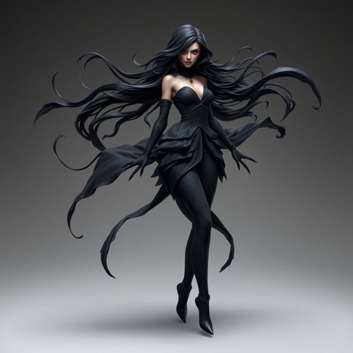 Create character hero Veyra of Shadows – A lithe, mysterious black woman draped in layered black silks that move like smoke around her. With jet-black hair. Show her whole body head to toe including her shoes.