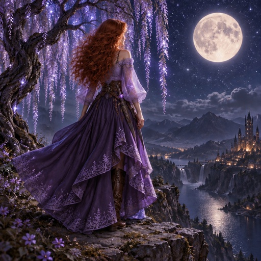 a woman standing on a cliff looking at the moon