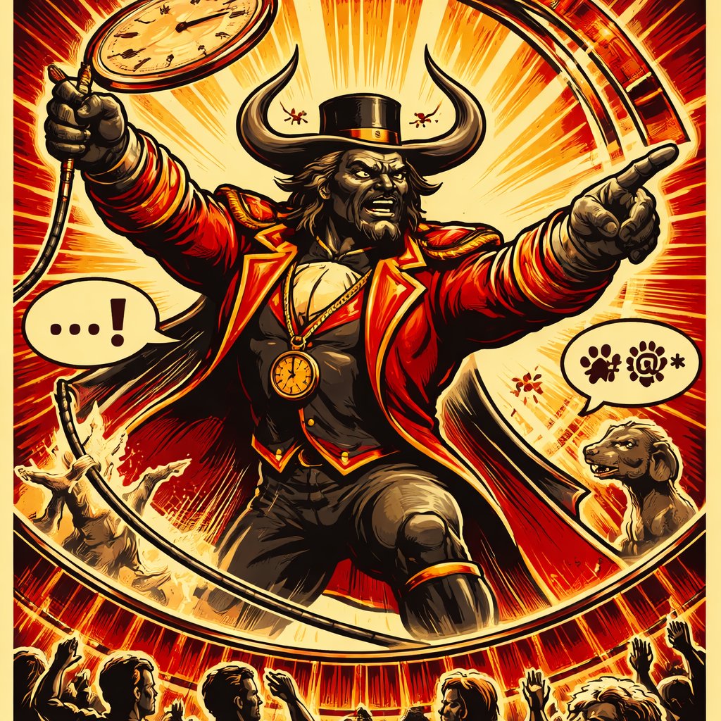 A Minotaur with a well~proportioned figure that works at freak show as the ringmaster. That has gifts/abilities like Reality Rejection, Time Manipulation (Chronokineses), Zoolingualism (Language of Cattle only), Human Speech.