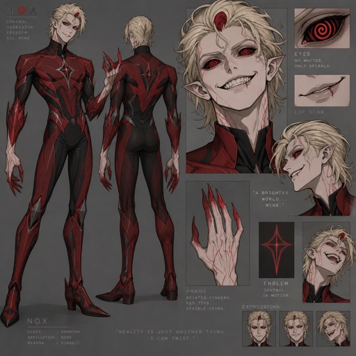 Male, blonde greased brushed back hair, neck length hair, curl on forehead, red streak in hair, slim, scar on lip, red and black spiral eyes no whites, superhero with chaos powers, cool outfit red no cape, pointy ears, pointy fingers with red tips, red veins, crazy smile
