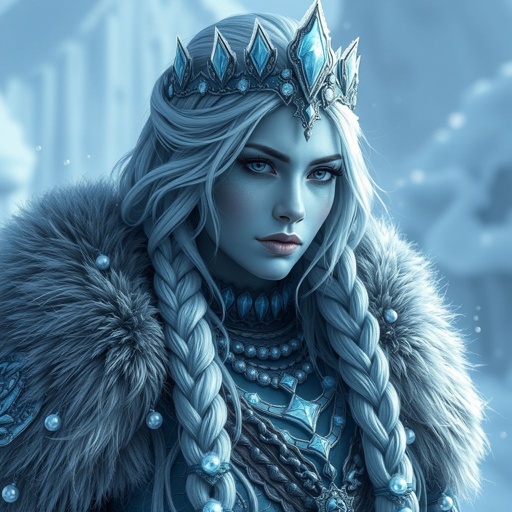 Create a character : A battle-hardened woman with icy-blue skin. Her long silver hair flows in braids tipped with frozen beads. She wears heavy, fur-lined armor made from the hides of snow beasts. A frost-shaped crown rests lightly on her head. Please show whole character not just waste up.