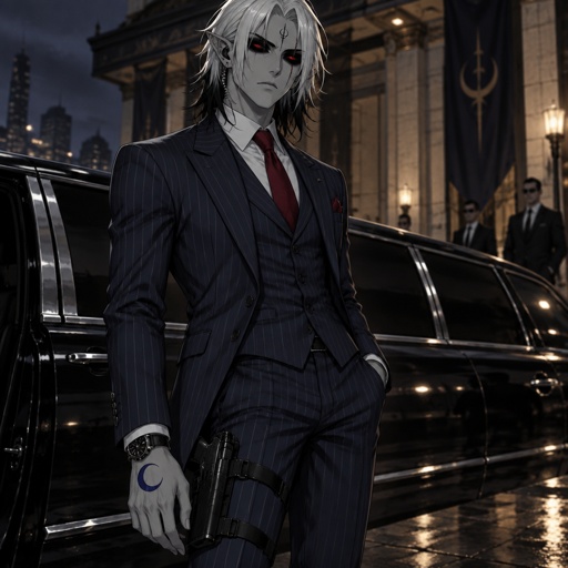 Male, grey skin, cheekbones, pointy ears, completely black eyeballs, red iris, scar across one eye, white shoulder length hair black tips, black symbol on forehead, half blue moon on back of hand, earpiece, gun holster on leg, wristwatch, pinstripe blue suit, red tie, serious, standing in front of limousine, thin