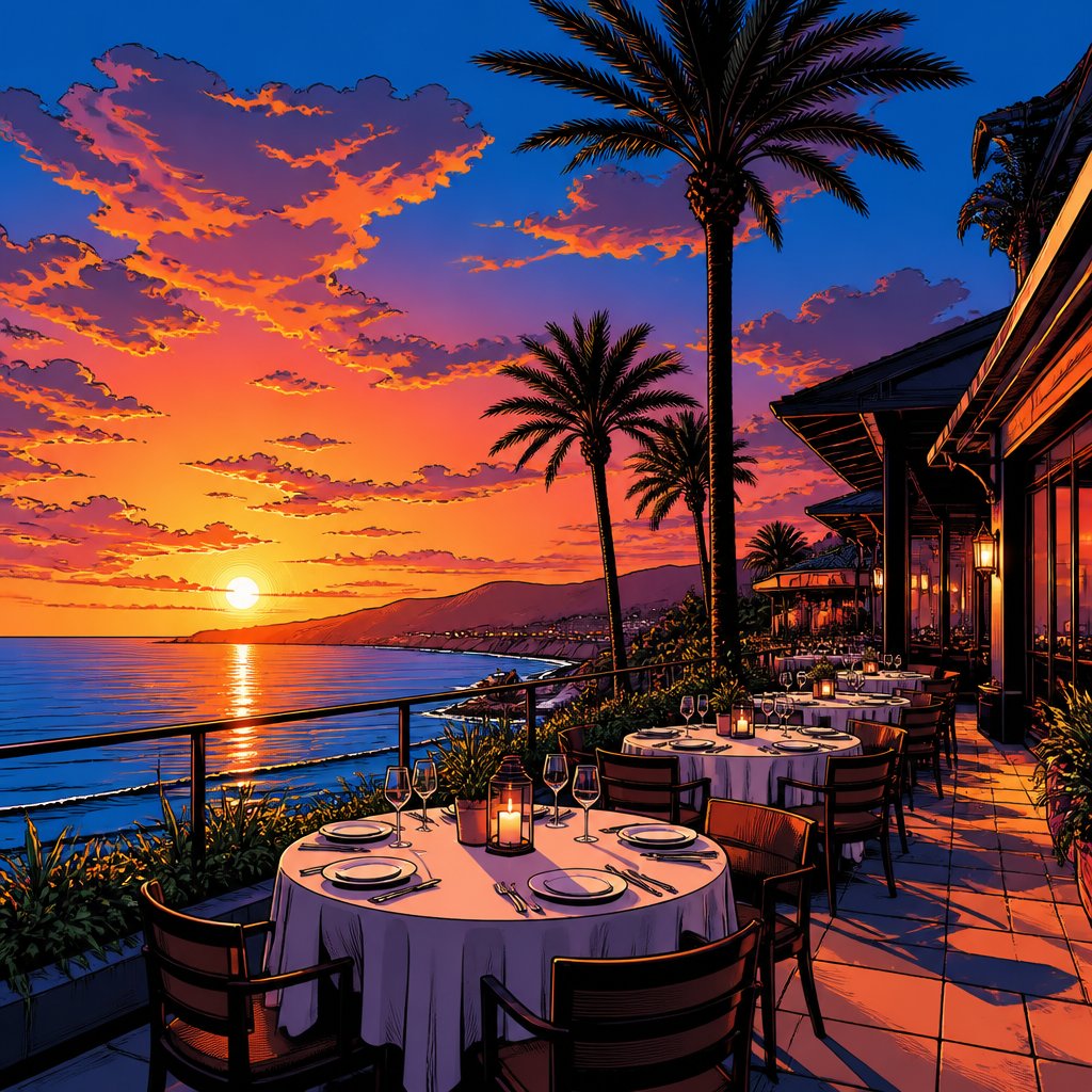 Vivid colors, highly realistic no speech bubble no print dots it is sunset the patio of a very high-end restaurant with palm trees overlooking the sea. There’s a lot of sky.