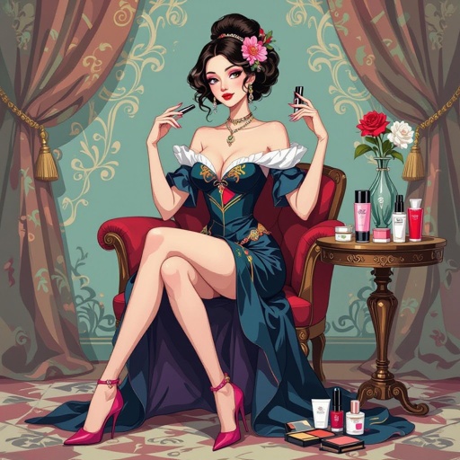 Create a character showing there whole body head to toe, a lady who loves beauty products