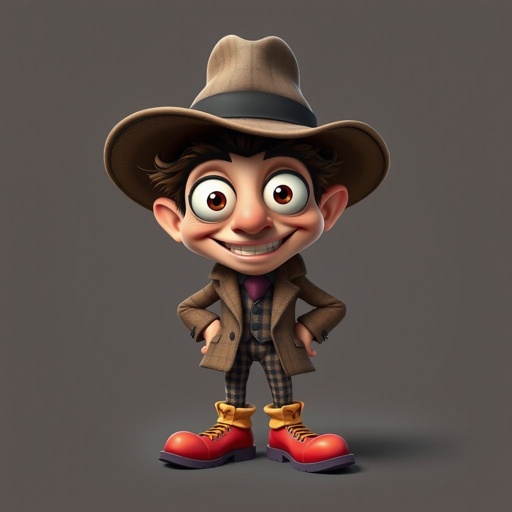 Create a character who is a goofy looking detective, who is confident. But funny looking. With cool shoes on.