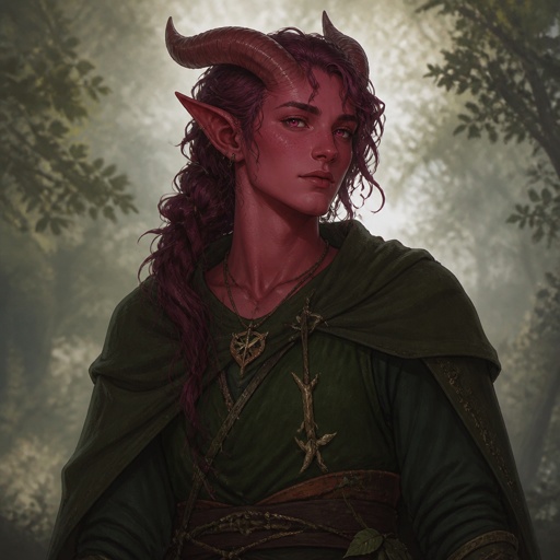 Non binary female looking Tiefling-Druid, red-pink-ish skin, purple-red hair, pink eyes, about 1,85 m high, with (dark) green clothing 