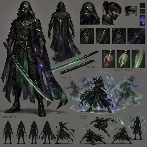 assassin green shiny cosmos color mostly black, healing factor, illusionist, katana