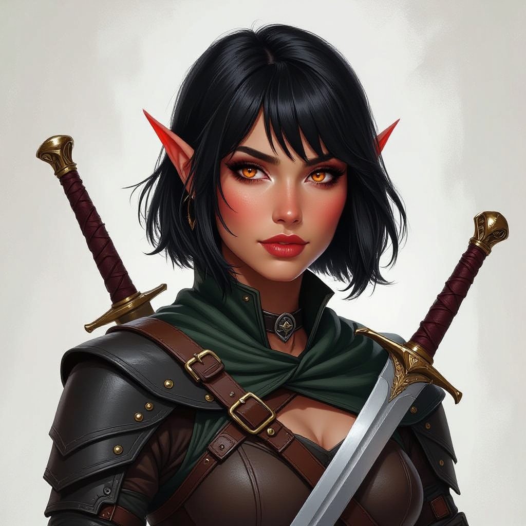 A female tiefling with short black hair in a bob cut with bangs has red skin and orange eyes, tiefling rogue, female tiefling, red skinned female, female with black hair, female with orange eyes, tiefling female, female rogue, dnd rogue, dnd female,