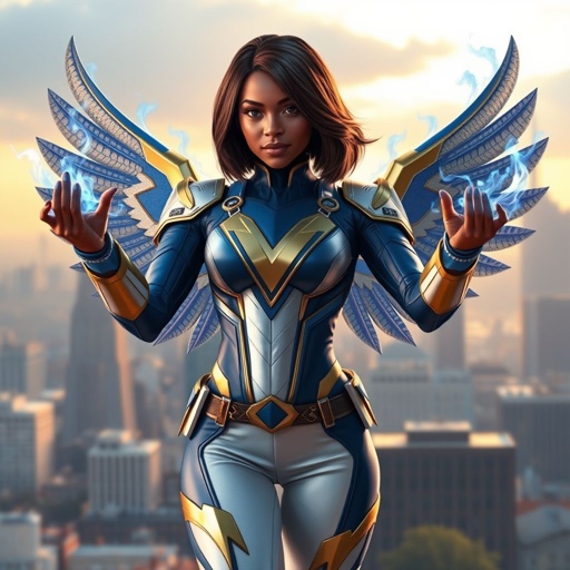 A young African American female superhero with shoulder length hair in a side part style wearing a blue and white suit made of spandex like material that’s slightly armored with gold accents with white pants and gold boots with a stylized V as her chest emblem with wings made of blue fire shooting blue fire out of her hands standing in Philadelphia at dawn