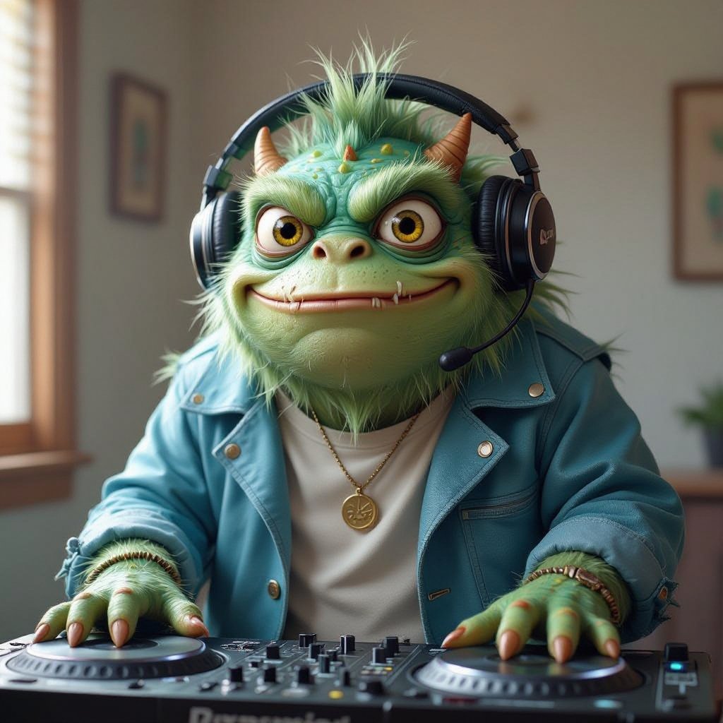 Create a funny looking monster dressed like a dj
