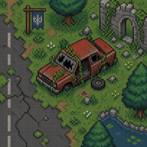 Abandoned car for a fantasy game set in modern times, top-down style
