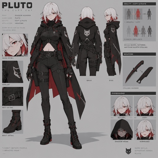 shadow assassin name code pluto the copy cat, copy and paste ability, white hair red on the inside