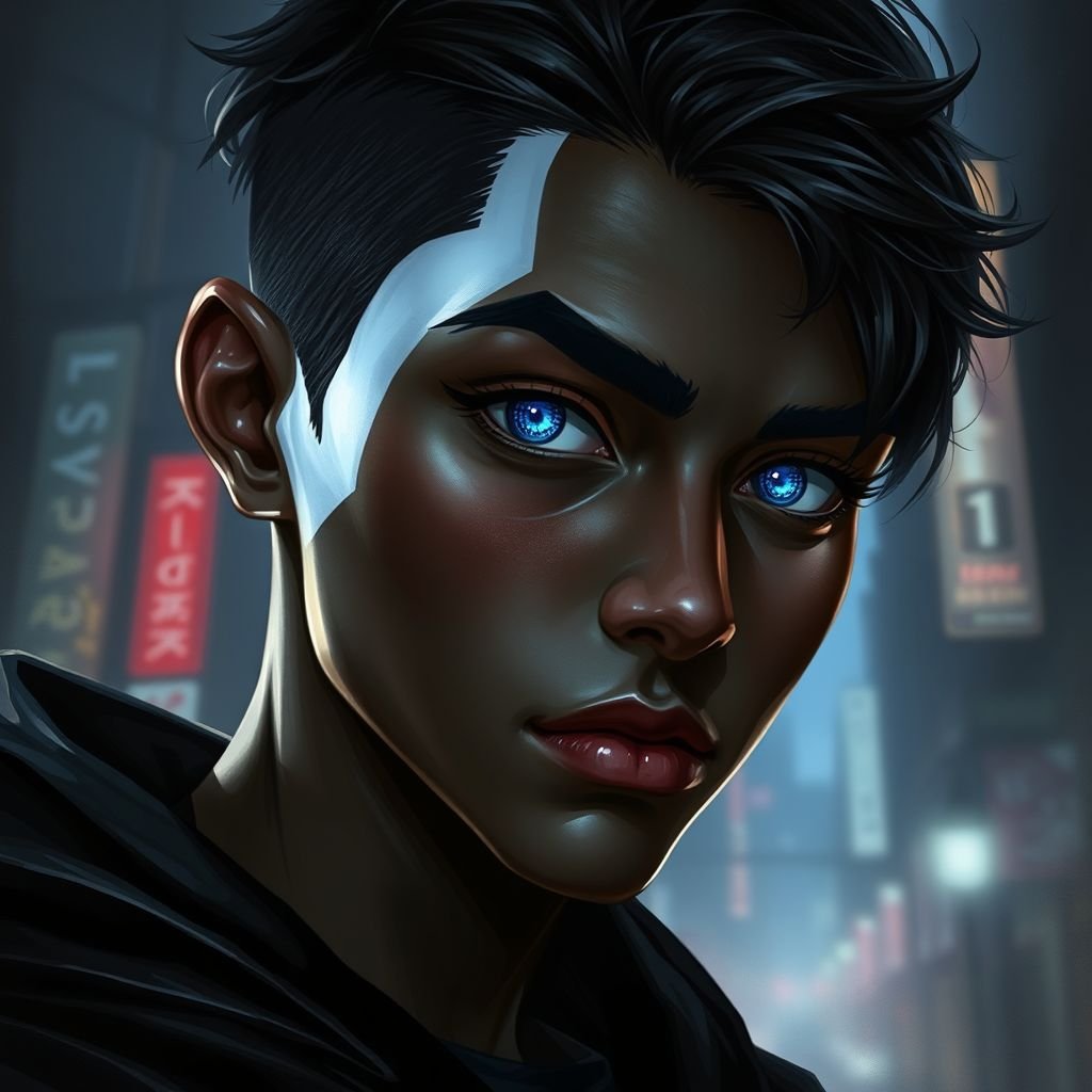 A dark, really dark, skin teenager that has a white patch on his right side front hair that also goes on his eyebrow and lashes. He has bright, incredibly light, blue eyes. He has almond shaped eyes. He’s on the skinny side because he’s really tall, like 6’1 tall.