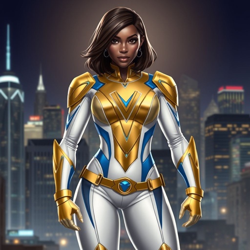 African American female superhero with shoulder length hair in a side part style wearing a slightly armored gold and white suit with blue accents with white pants and gold boots with a stylized V as her chest emblem standing ona roof in a Philadelphia at night