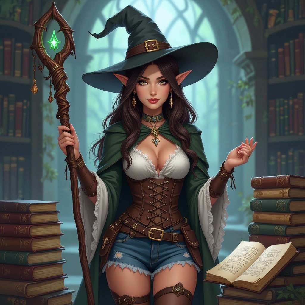 Dark Brown Hair Elf Witch Librarian in Witches Hat. In Daisy Dukes