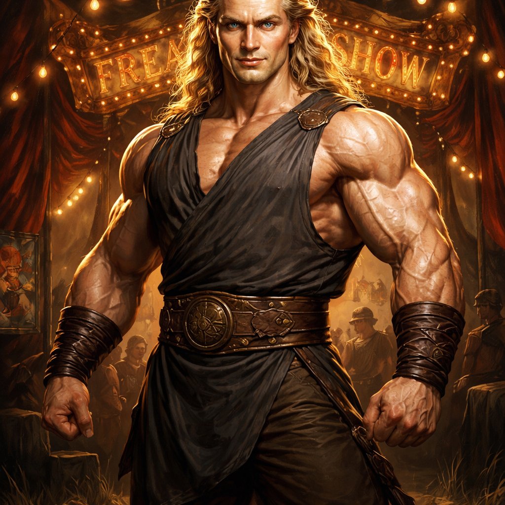 A tall well~proportioned male, so handsome he looks like a Greek god with muscles. With deep-set blue eyes and strong brows, hinting at inner depth“. His hairstyle is a blonde mullet. He works at freak show as a strong man. His outfit consistsed of a Charcoal-toned sleeveless Greek tunic, thick leather belt, leather wristbands/cuffs, brown pants.