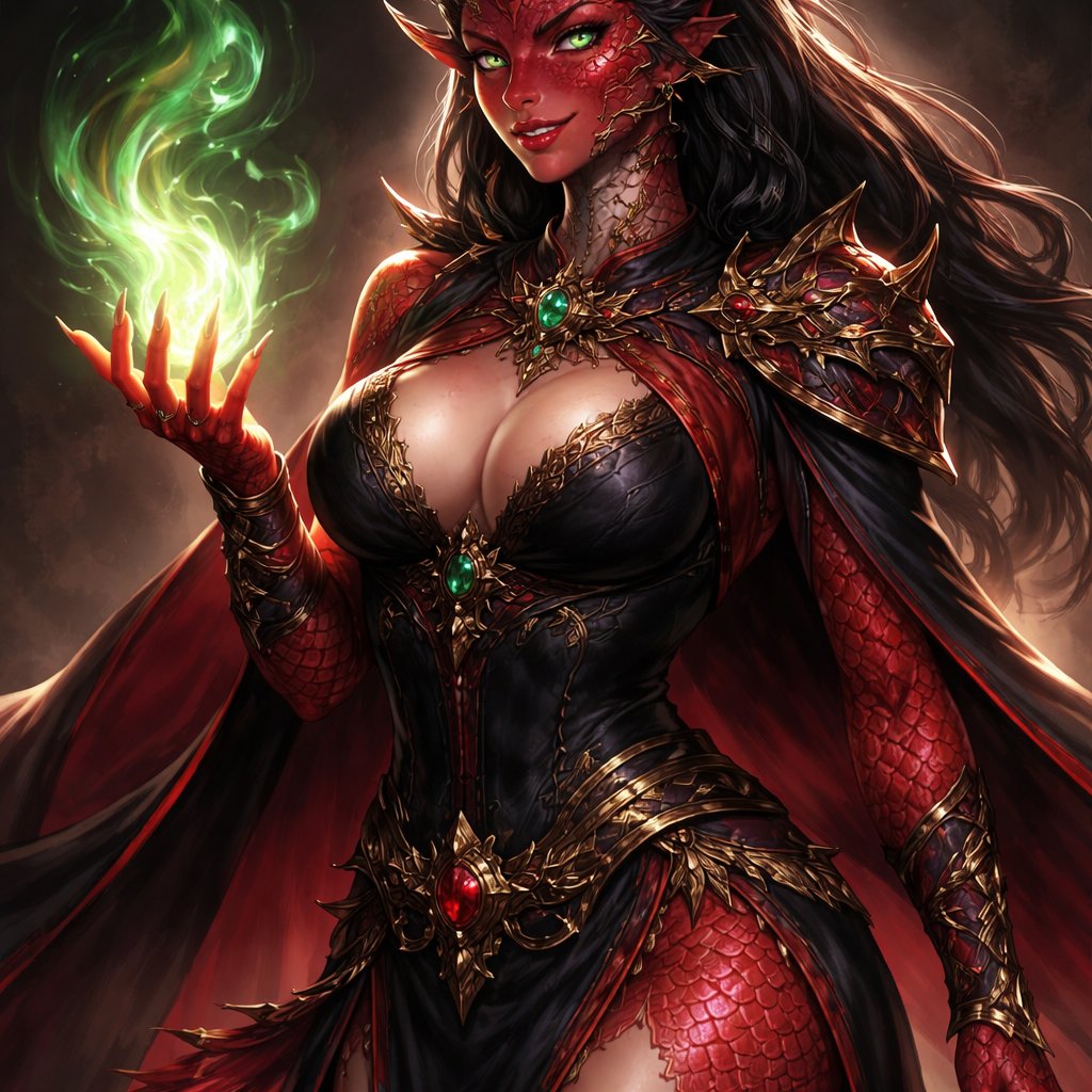 a deceptive dnd red dragonborn sorcerer lady with green eyes, e cups and a thin waist