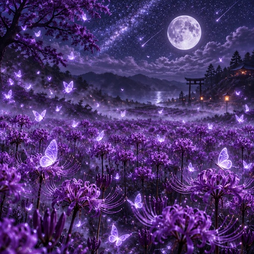 a field full of purple flowers under a full moon