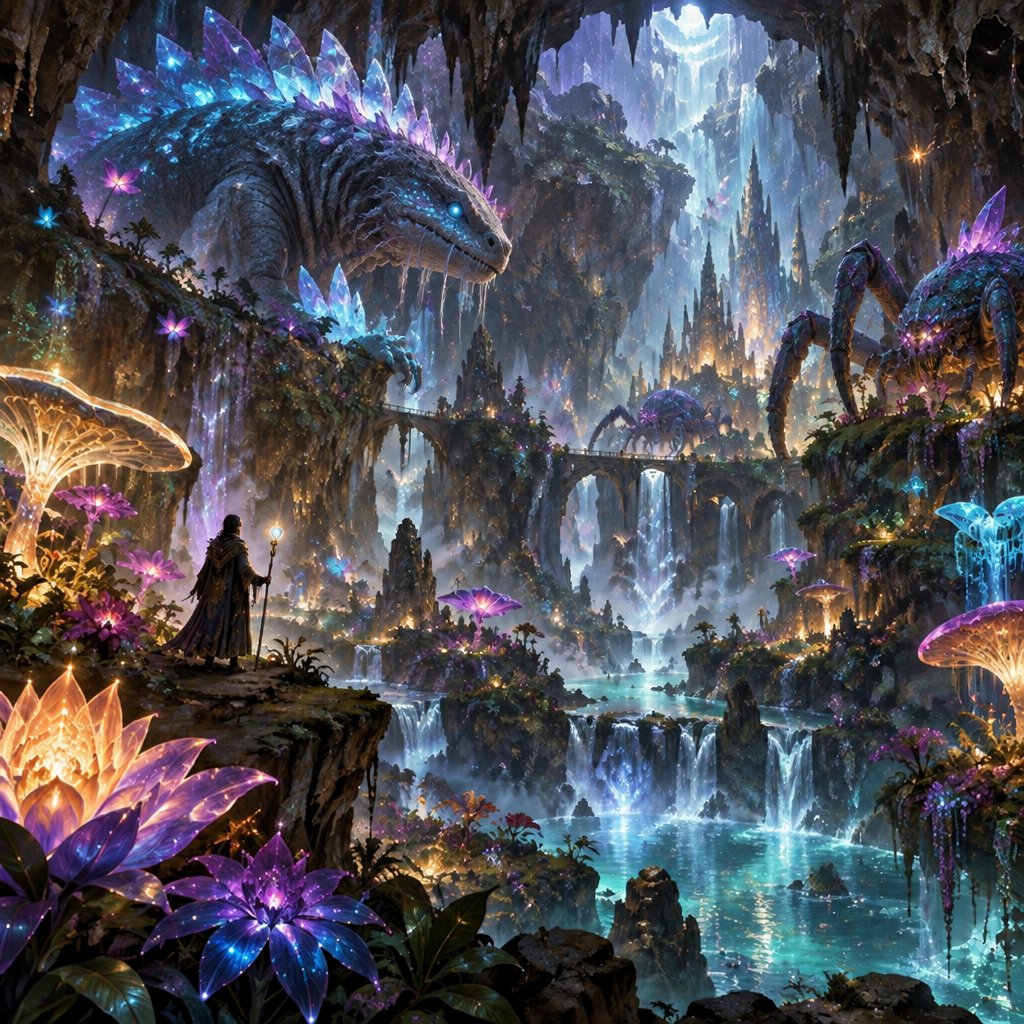 a painting of a fantasy landscape with a waterfall