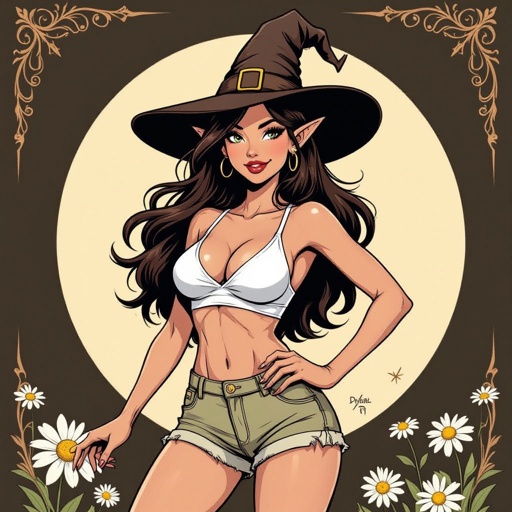 Dark Brown Hair Elf Witch Librariano up in Witches Hat. In Khaki Daisy Dukes and White bathing suit top