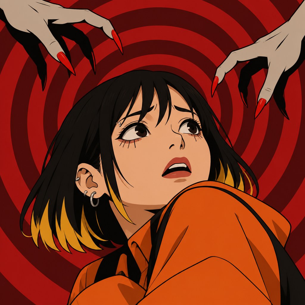 Asian female, with straight black neck length hair, yellow tips, side bangs on one side, eyebrow piercing, under eye mascara, ear piercing, cool clothes orange, looking up scared, red spiral background, two pointy hands with red tips going towards her