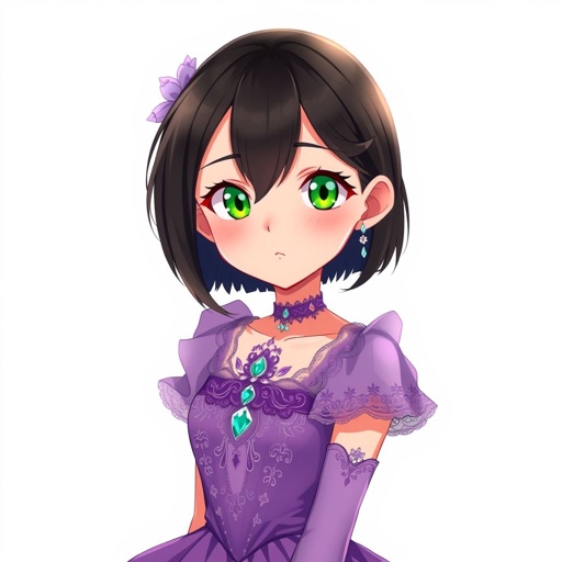 Short black hair. Jade green eyes. Purple fancy dress. 13 years old. 