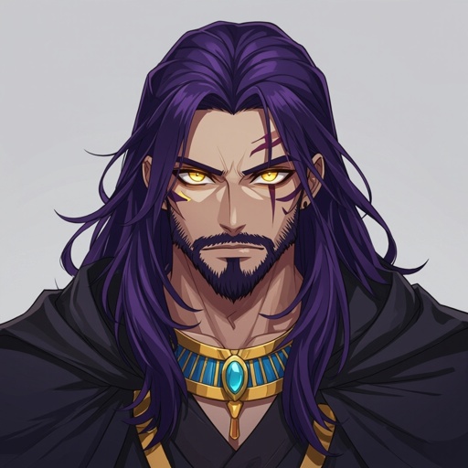 A long dark purple haired 20 year old who has a stubble beard with yellow glowing eyes and Egyptian art on his face big strong guy with a dark cloak over himself 
