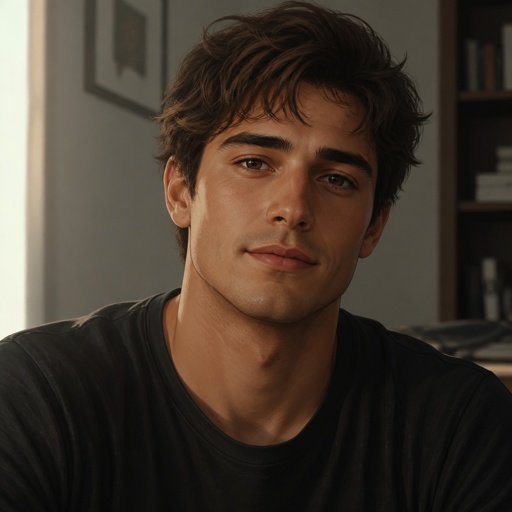 26-year-old adult man, medium-brown tousled hair, brown eyes, soft facial features, naturally athletic build.