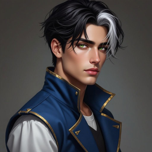 Male 19-year old with dark hair with a streak of white in his hair with one green eye and one black eye. He wears a sleeveless blue long coat with a gold outline  