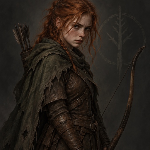 Dnd Female Fiery ginger moody teen orphan ranger that was kicked out of a guild with long flowing hair