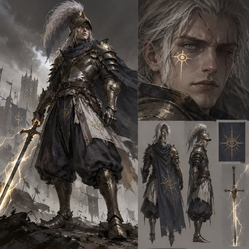 lightning knight, plume helmet, grey hair, eye of the storm mark, baggy pants, scar eye