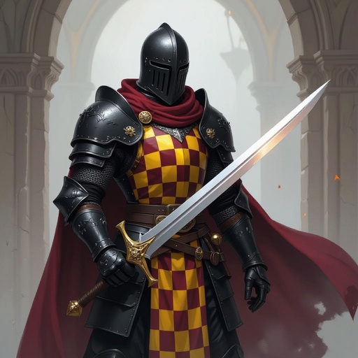 A knight garbed in armor made of black metal feather and with checker pattern yellow, maroon surcoat