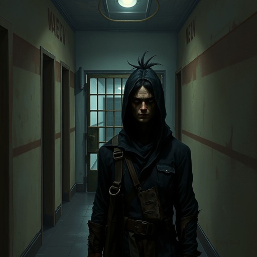 Create this background hall inside was dim, paint peeling in sheets. A metal door led to the cell block.  Six cells, all empty. A cracked toilet in each. Rusty bunks, stale air, dust everywhere. No character just background 