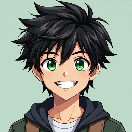 Male. 15 years old. Black hair. Green eyes. With a smile that says he’s ready for adventure