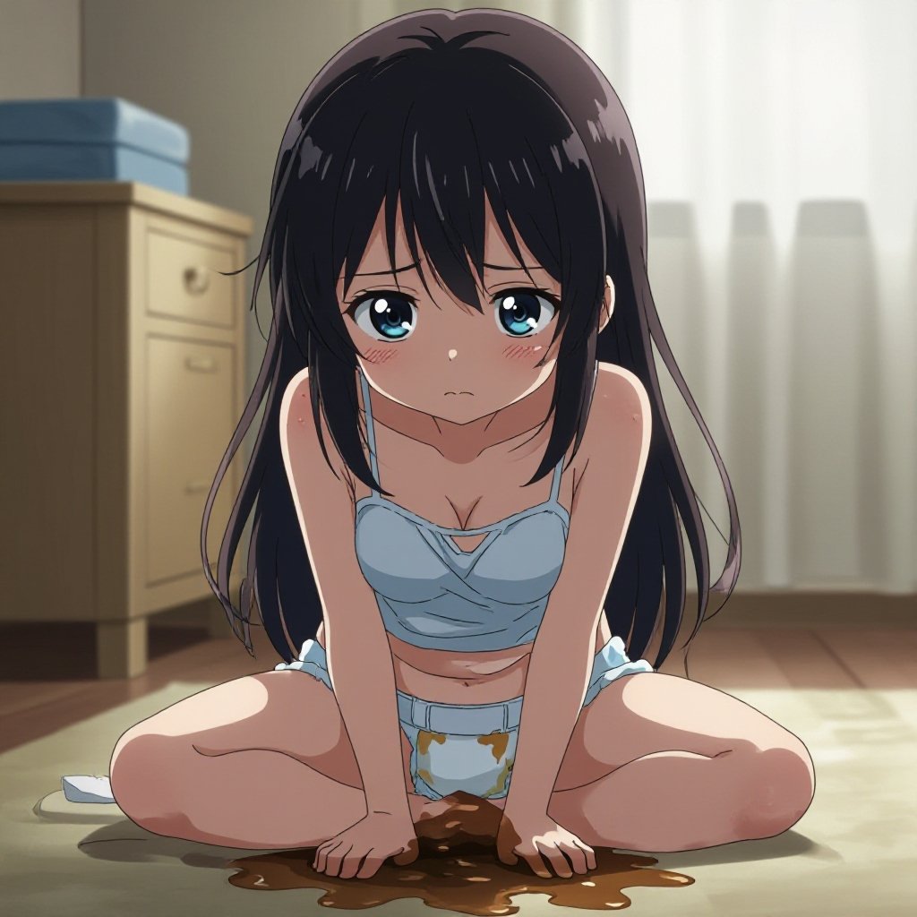 a 14 year old anime girl who is pooping in a diaper messy diaper with it visablely brown
