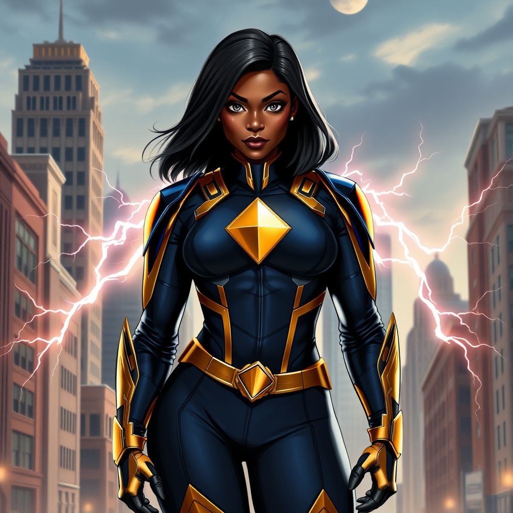 African American female superhero with hair in a shoulder length side part hairstyle with pure silver Glowing eyes wearing a leather slightly armored navy blue and gold suit with navy blue pants and gold boots with a diamond with the top half gold and the bottom half black her chest emblem with wings made of lightning in Philadelphia