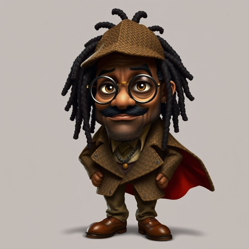 Create a funny serious fat character similar to Sherlock Holmes, but make him of black decent and with dread locks. Show his whole outfit including his shoes.