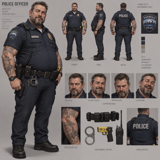 Male, muscular arms, belly, police uniform, arm tattoos, short brown hair, beard, mid 50s, concept, face expressions