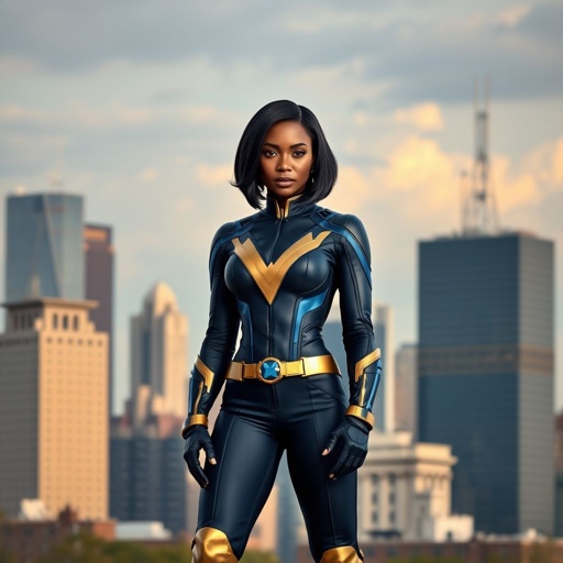 African American female superhero with hair  in a shoulder length side part hairstyle with pure Gold Glowing eyes wearing  a black blue and gold accented suit with navy blue pants and gold knee length boots with a V with the top half gold and the bottom half black as her chest emblem in Philadelphia 