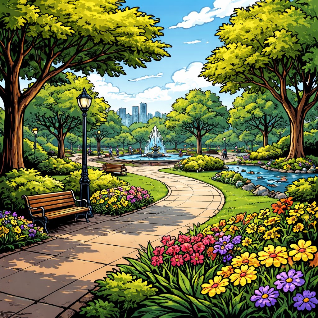 Midday asymmetric design, a lovely park, setting with trees, flowers, and bushes